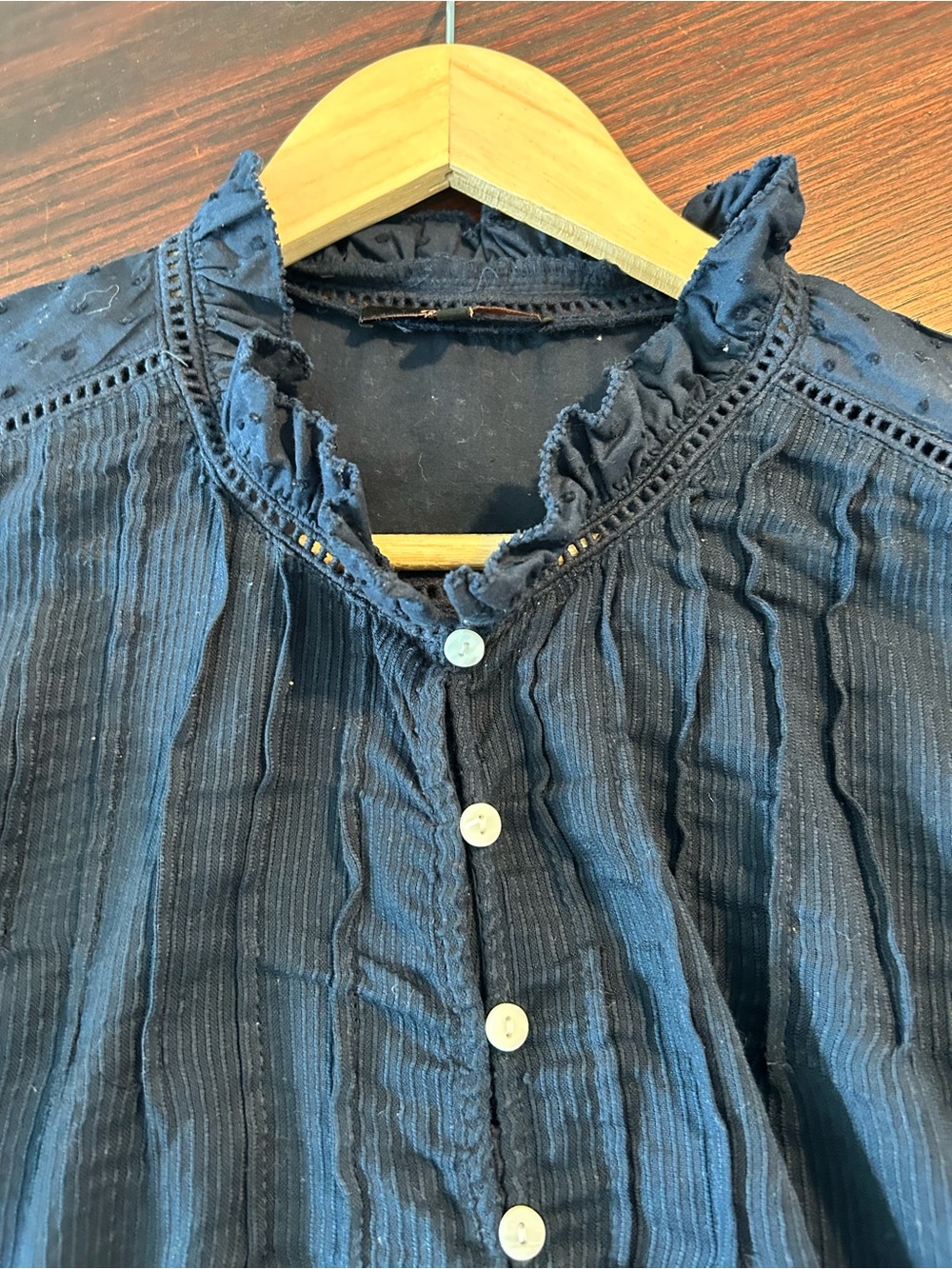 Quince Navy Ruffle Pintuck Button-Front Blouse - Picture 5 of 8